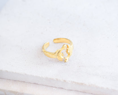 Side view of Gold Pisces Zodiac Ring on stone displayed, adjustable 18k gold stainless steel Fish ring 