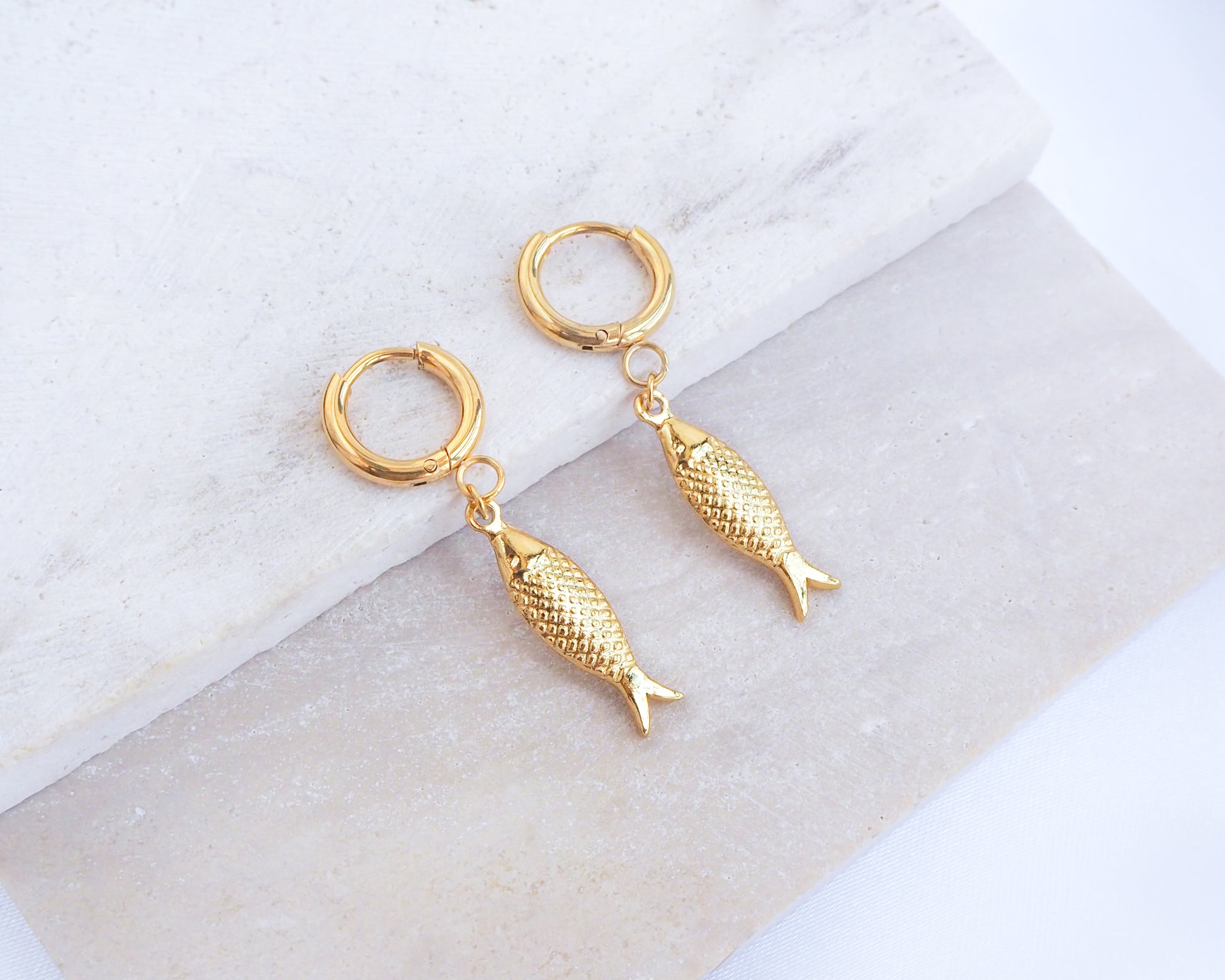 Gold Sardine Fish Hoop Earrings made of 18k gold stainless steel, Portuguese Sardine Fish Earrings with Gold Hoops