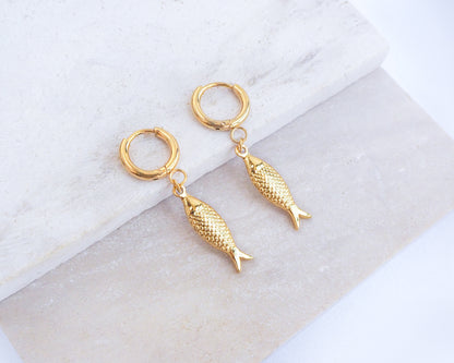 Gold Sardine Fish Hoop Earrings made of 18k gold stainless steel, Portuguese Sardine Fish Earrings with Gold Hoops