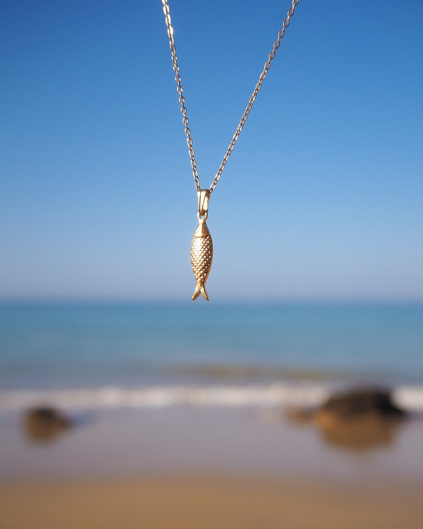 Gold Sardine Fish Necklace with Ocean Background, Sardine Fish Necklace, Christian Fish Jewelry, Pisces Zodiac Gift, Portuguese Sardine Jewelry, Gift for Portugal Lovers, 