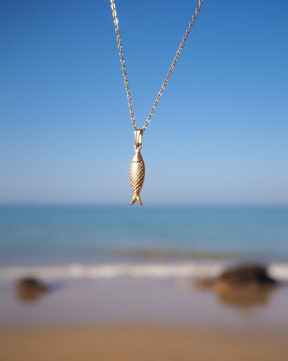 Gold Sardine Fish Necklace with Ocean Background, Sardine Fish Necklace, Christian Fish Jewelry, Pisces Zodiac Gift, Portuguese Sardine Jewelry, Gift for Portugal Lovers, 