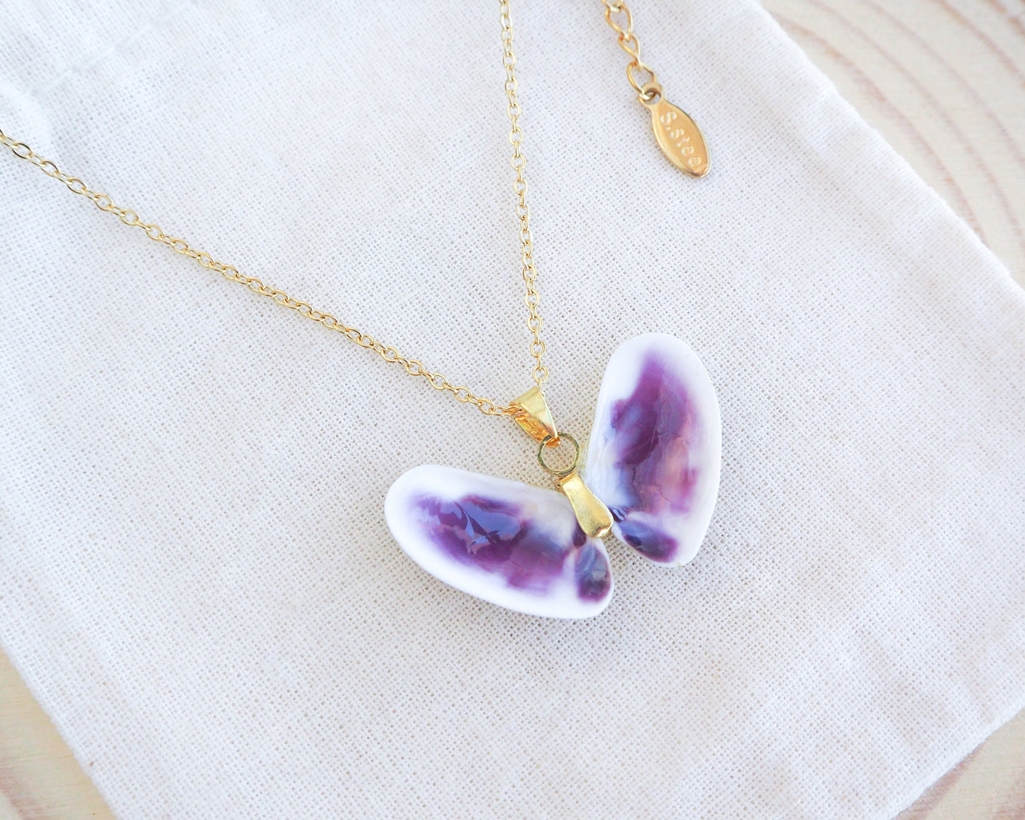 Gold Purple Sea Butterfly Shell Necklace from Portugal on display