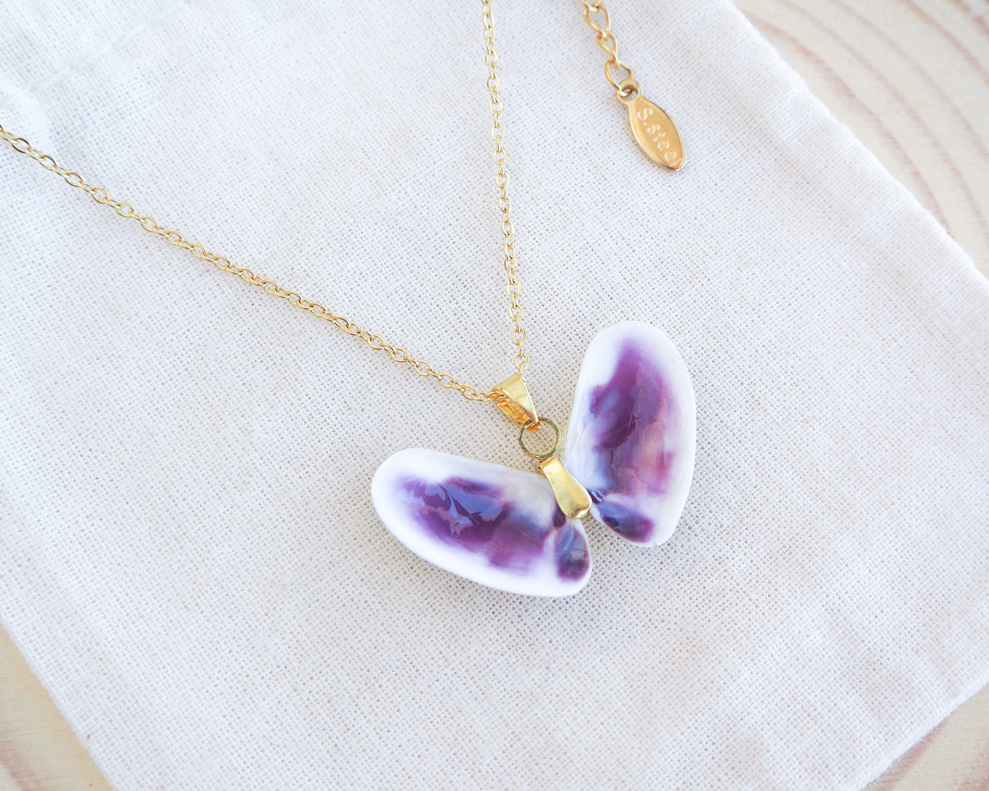 Gold Purple Sea Butterfly Shell Necklace from Portugal on display
