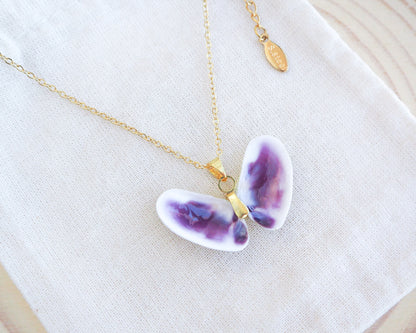 Gold Purple Sea Butterfly Shell Necklace from Portugal on display