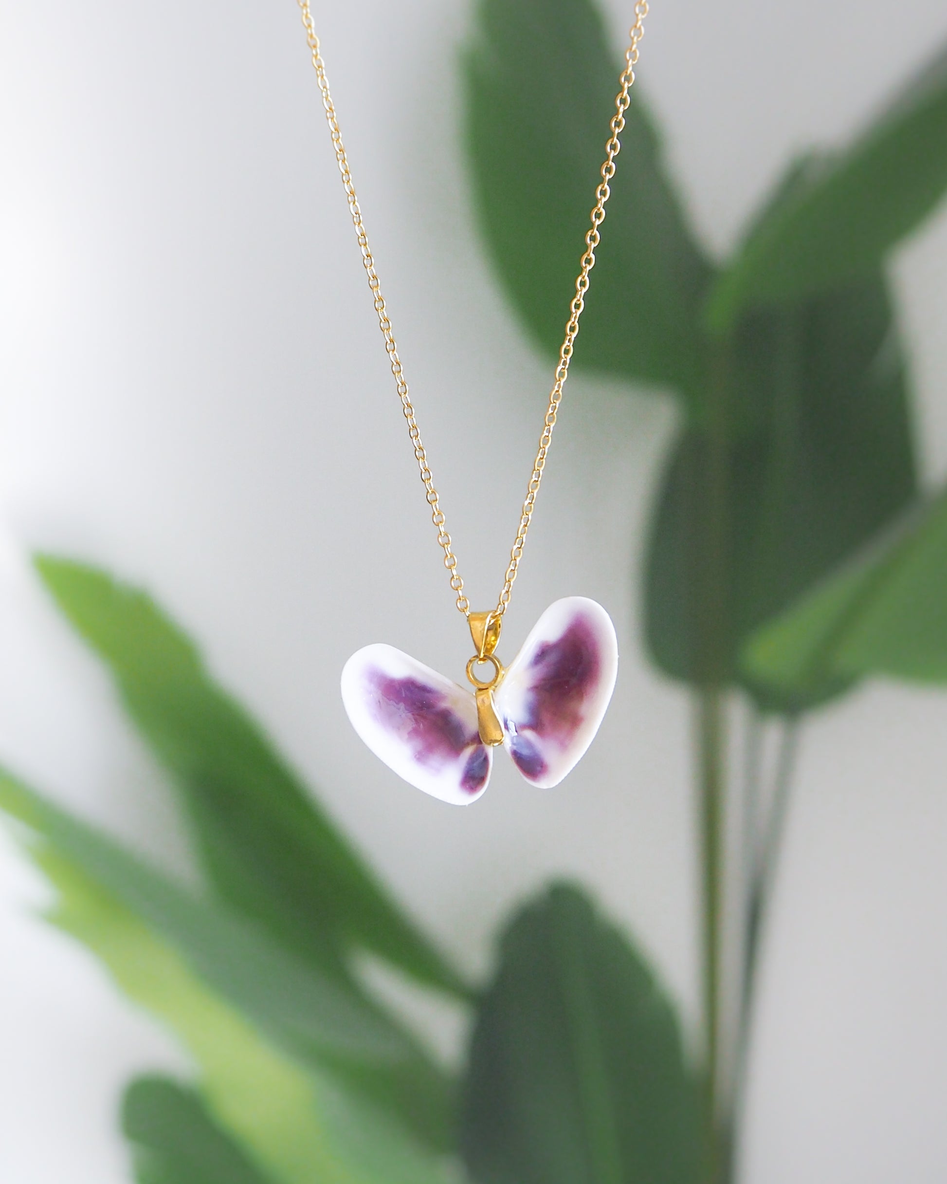 Gold Purple Sea Butterfly Shell Necklace front view 