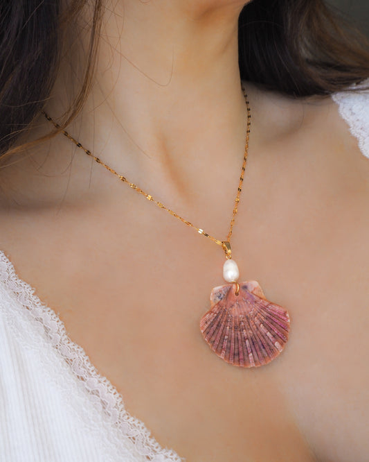 Pink Scallop Shell Pearl Gold Necklace, Gold Necklace with Great Scallop Shell and Freshwater Pearl on display