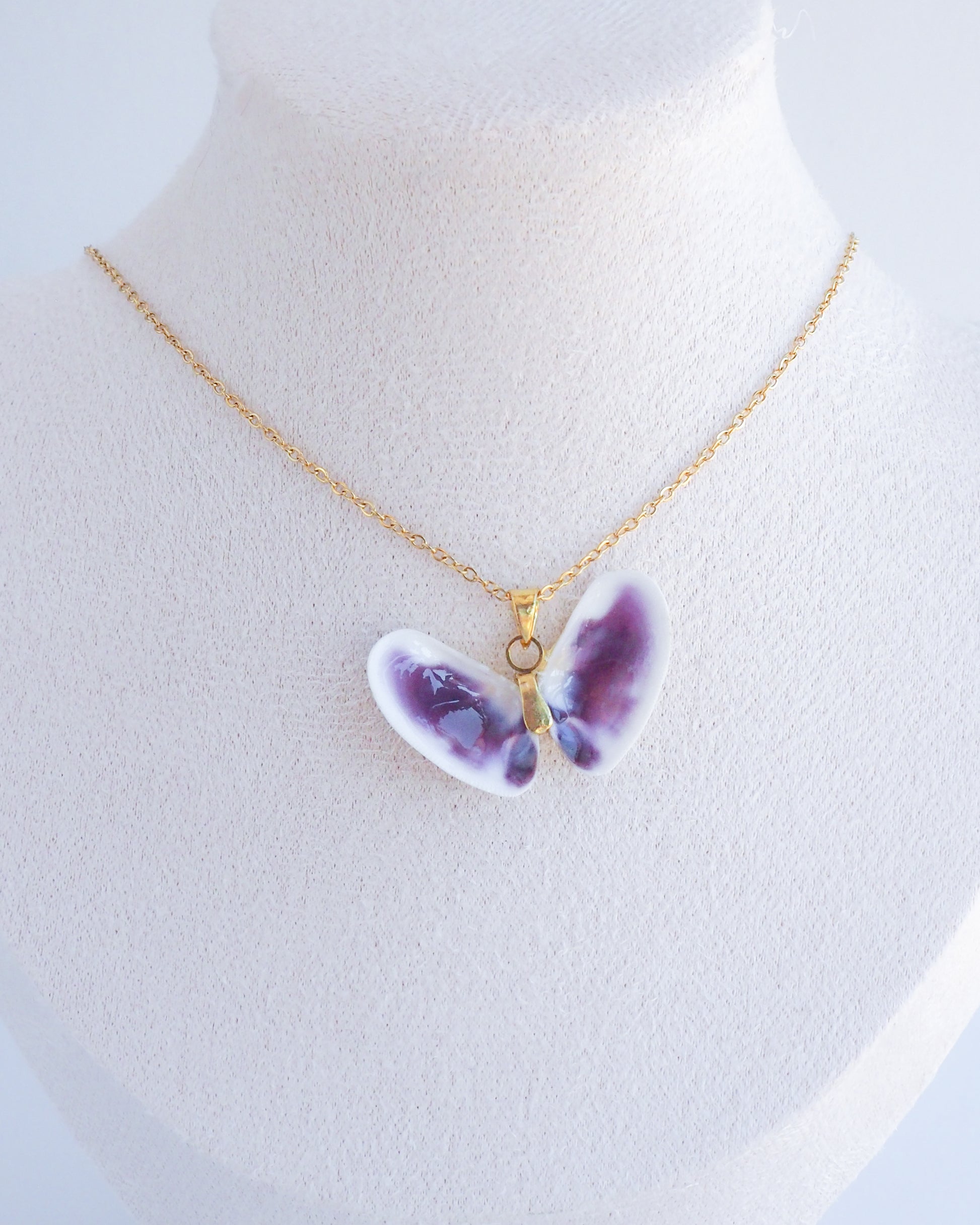 Gold Purple Sea Butterfly Shell Necklace on neck