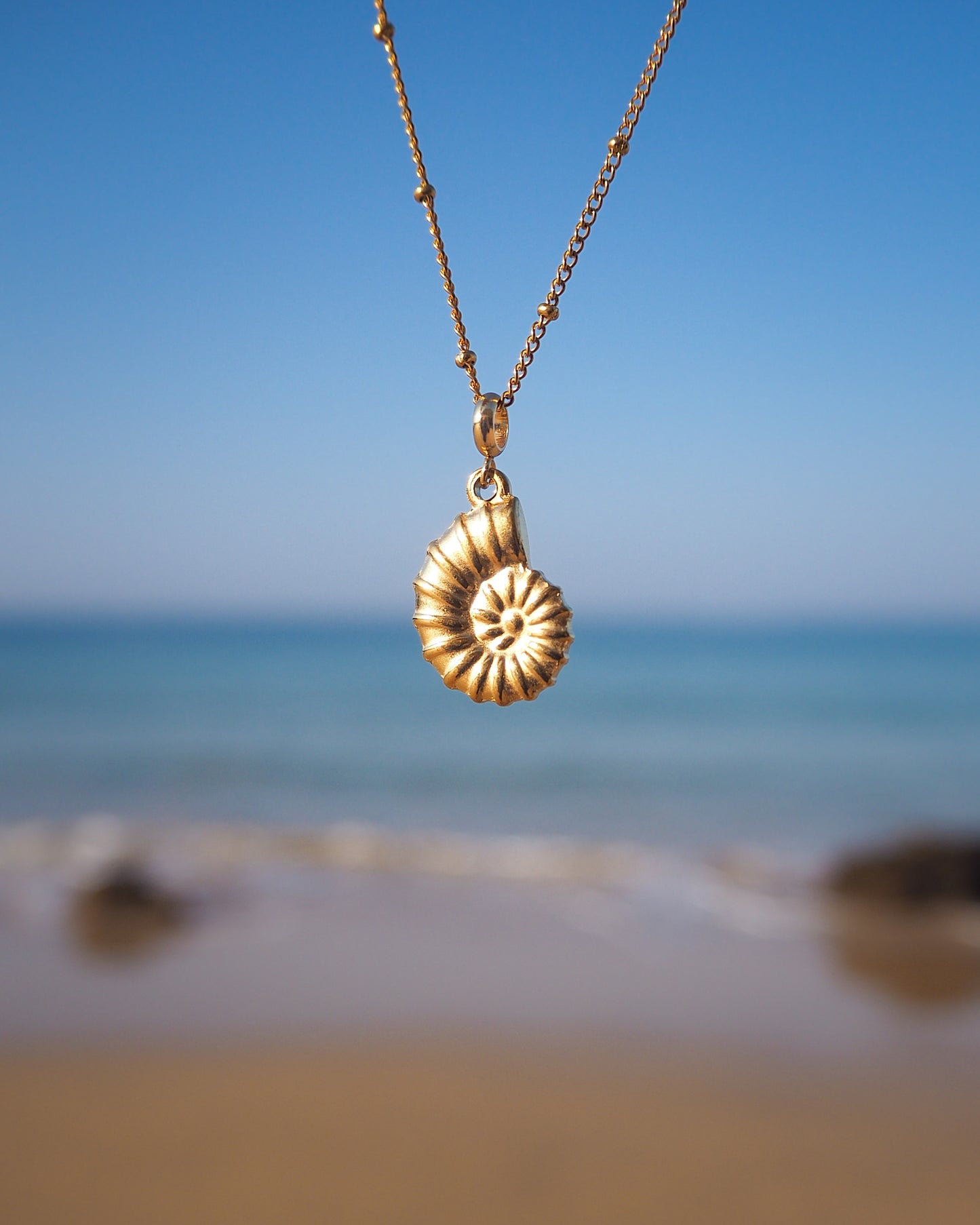 Nautilus Seashell Gold Necklace with ocean view background, Seabylou pendant on display