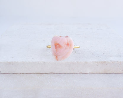 Soft Pink Orange Venus Shell Gold Ring on stone 