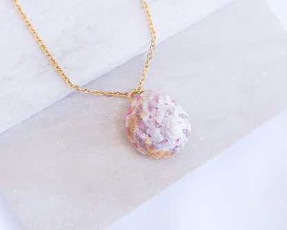 Sunny Pink White Orange Magus Top Shell Gold Necklace on stone display side view