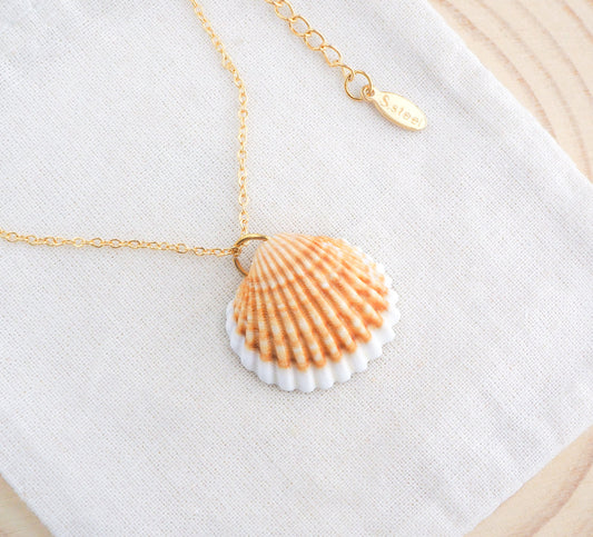 Gold Mediterranean Cockle Shell on display Necklace, Sunny Yellow Shell from Portugal