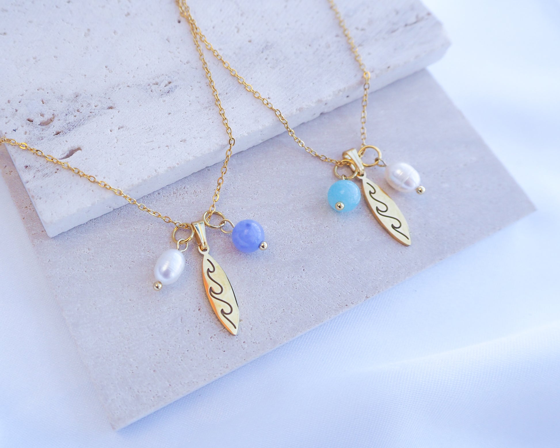 Gold Surfboard Necklace with Freshwater Pearl and Gemstone Beads, Ocean Inspired Jewelry