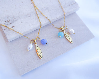 Gold Surfboard Necklace with Freshwater Pearl and Gemstone Beads, Ocean Inspired Jewelry
