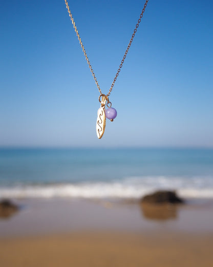 Gold Surfboard Pearl Angelite Gemstone Necklace with ocean background, Surfgirl Jewelry gift idea, stainless steel 
