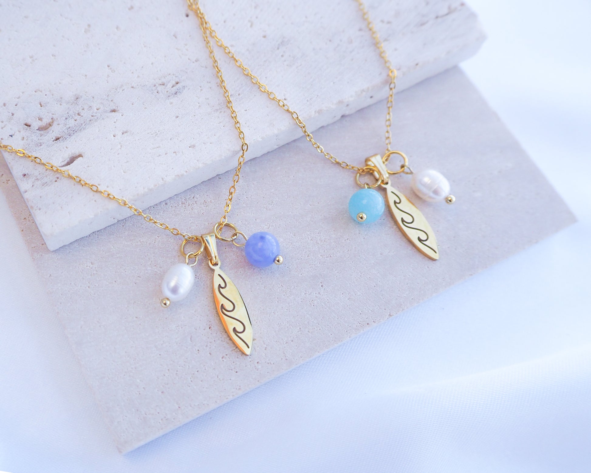 Gold Surfboard Necklace with Freshwater Pearl and Gemstone Beads, Ocean Inspired Jewelry