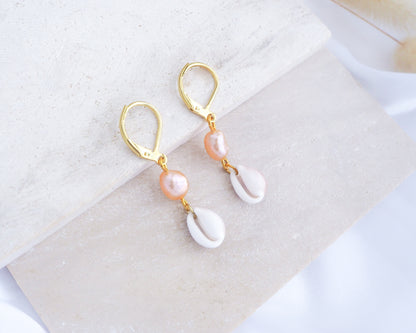 Gold Tiny Cowrie Seashell Wedding Earrings with Rose Freshwater Pearl, Trendy Shell Beach Shell Drop Earrings