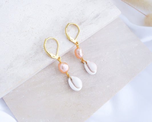 Gold Tiny Cowrie Seashell Wedding Earrings with Rose Freshwater Pearl, Trendy Shell Beach Shell Drop Earrings