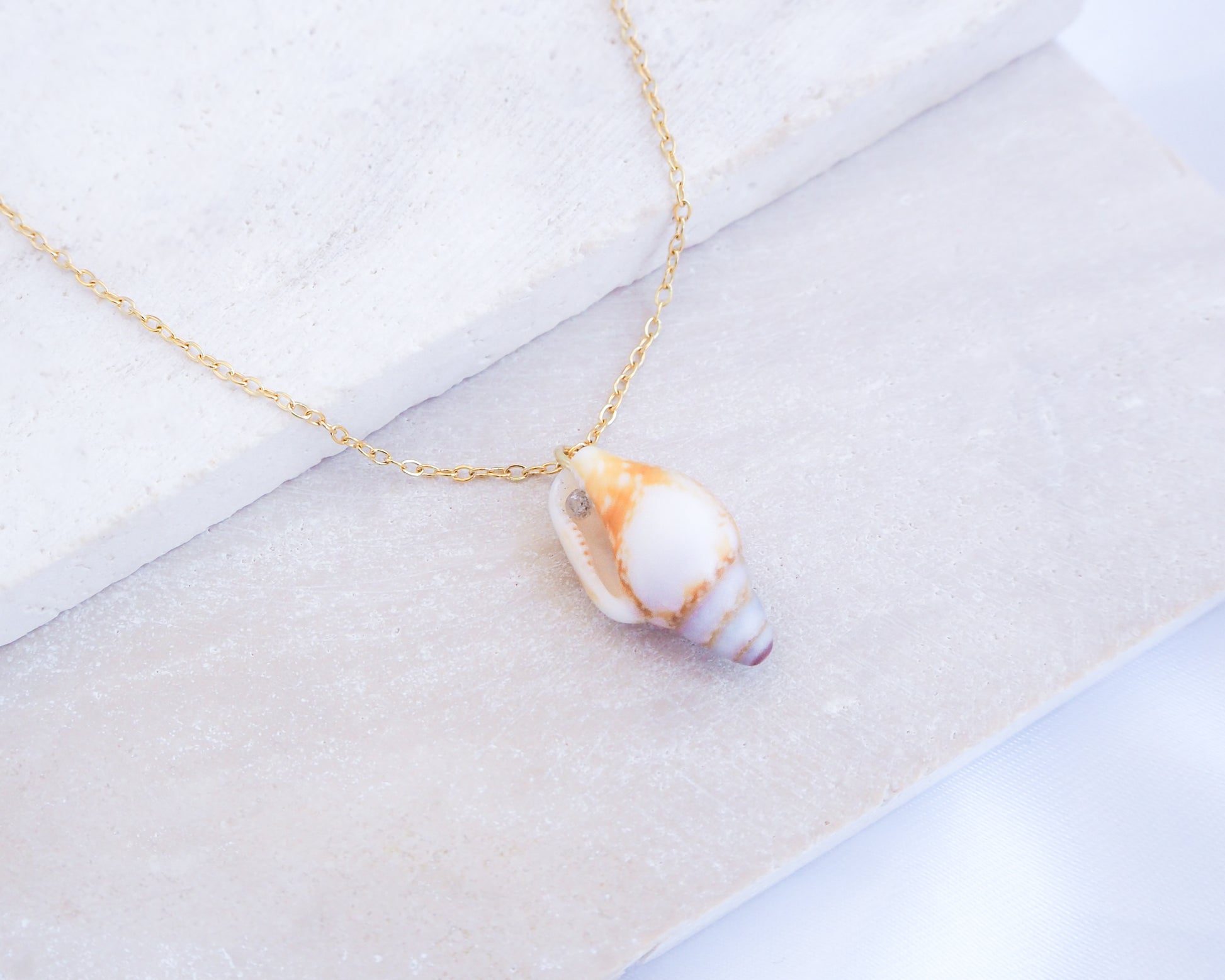 Tiny Light Rustic Dove Shell Gold Necklace displayed on stone back view, Dove Shell Necklace from Portugal, Real Shell Necklace, Sea by Lou