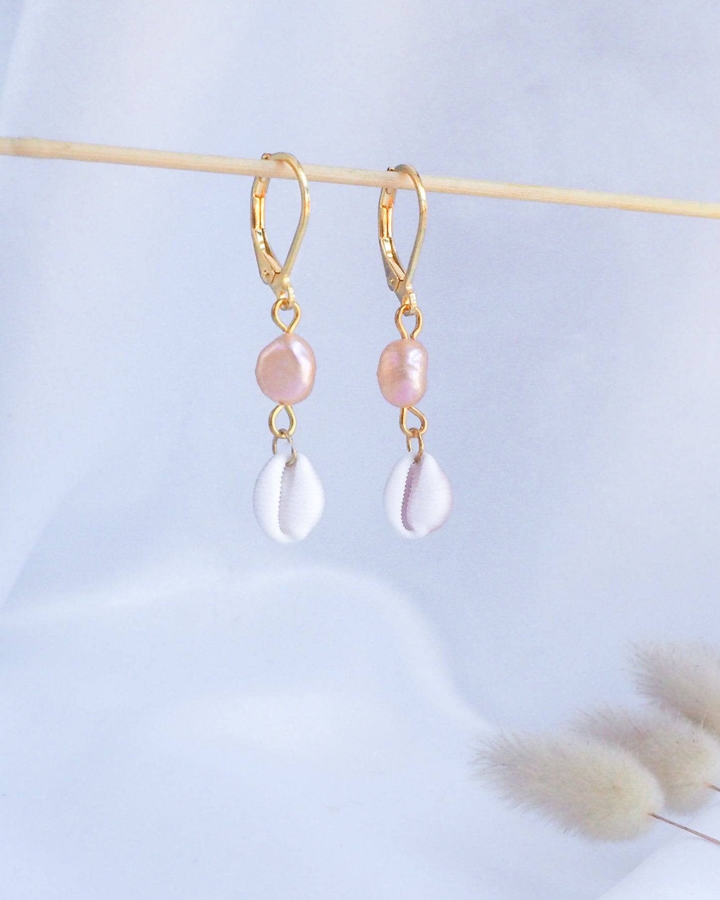 Front view of Gold Tiny Cowrie Seashell Wedding Earrings with Rose Freshwater Pearl, Trendy Shell Beach Shell Drop Earrings