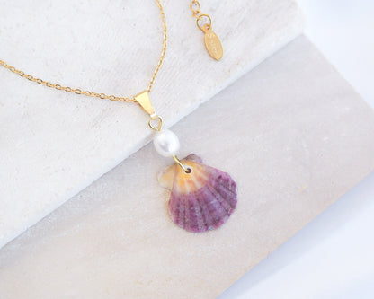 Tiny Fuchsia Pink Scallop Shell Pearl Gold Necklace on display, Fuchsia Scallop Shell from Portugal, Algarve, Sea by Lou, Shell and freshwater pearl necklace
