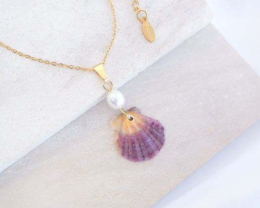 Tiny Fuchsia Pink Scallop Shell Pearl Gold Necklace on display, Fuchsia Scallop Shell from Portugal, Algarve, Sea by Lou, Shell and freshwater pearl necklace
