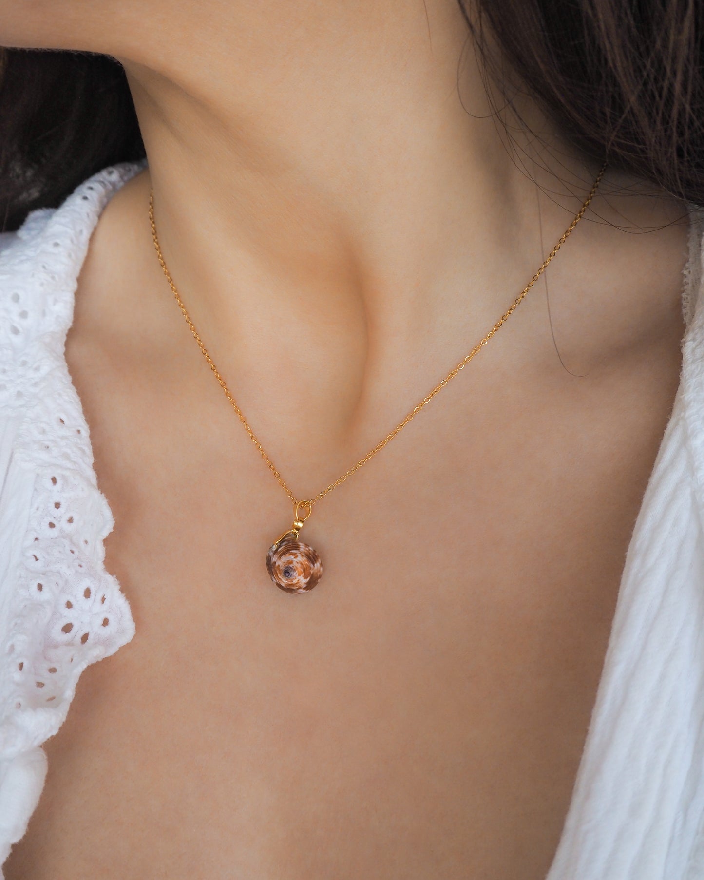 Model wearing European Painted Top Shell Gold Necklace