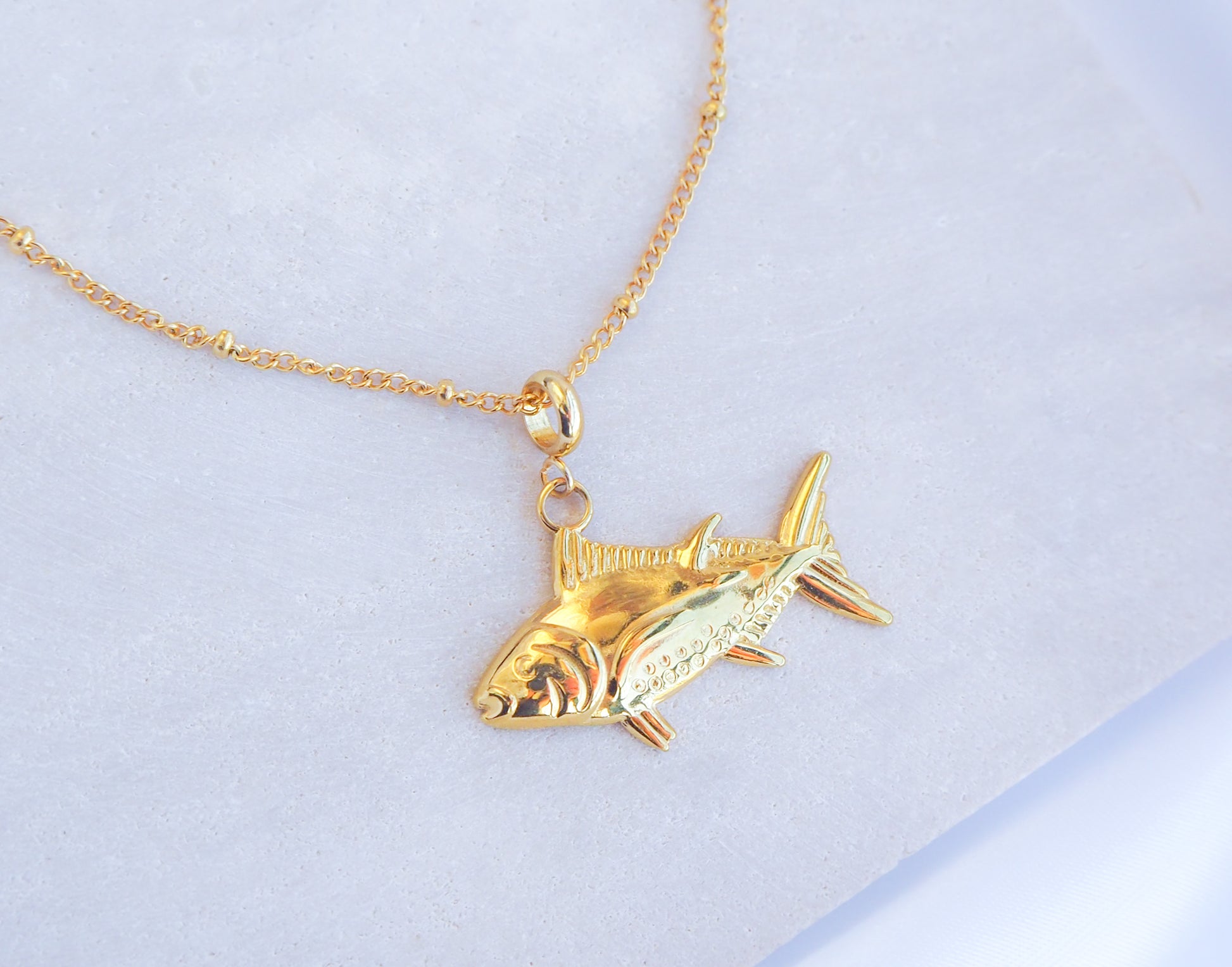 Gold Tuna Fish Necklace on stone