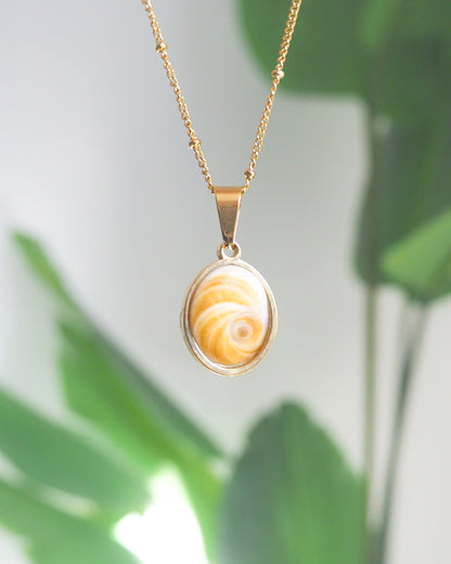 Yellow Orange Eye of Saint Lucia Gold Necklace with green plant background, 18k gold stainless steel shiva Yellow Orange eye pendant necklace, Saint Lucy Eye, operculum pendant