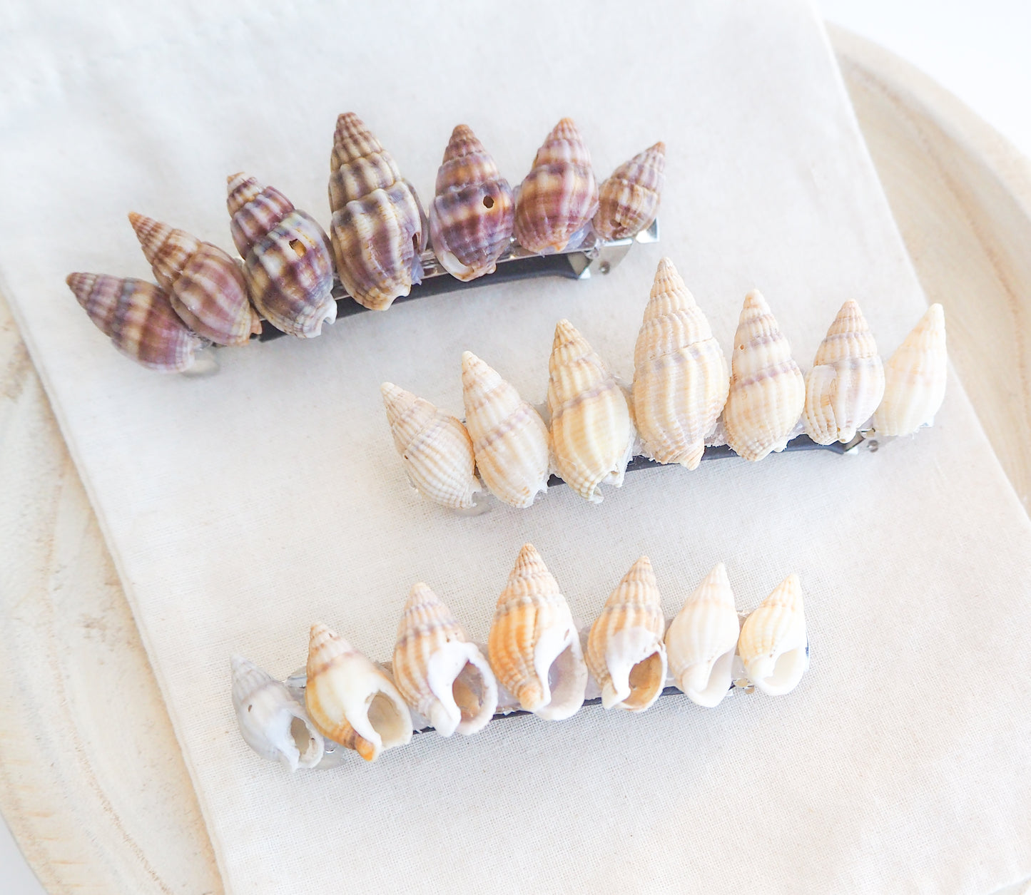Netted Dog Whelk Shells Hair Clips Barrettes on stone displayed, Boho Seashell Beach Clip from Portugal, Handpicked Real Shells, Seashell Hair Decoration, Bohemian Seashell Wedding Hair accessories, Coastal Christmas gift, Beach Wedding Hair