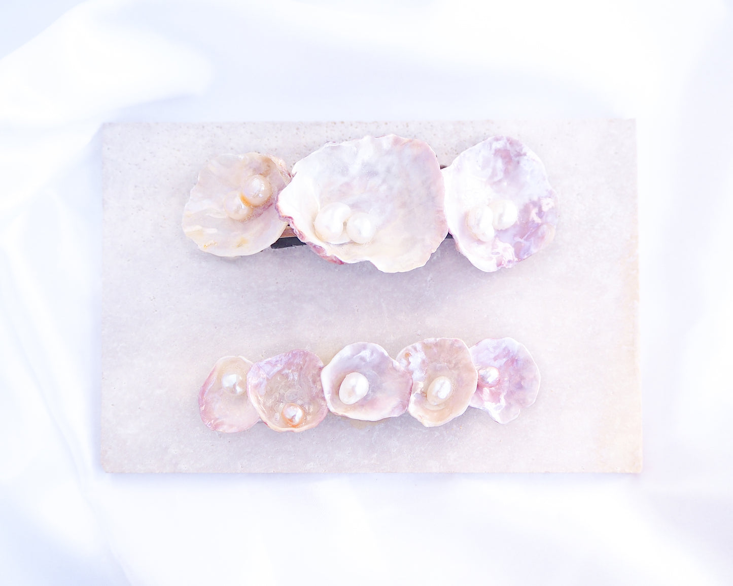 Two Jingle Shell Pearl Hair clip. pearly shell Hair Clip Barrette on stone displayed, Boho Seashell Beach Clip from Portugal, Handpicked Real Shells, Seashell Hair Decoration, Bohemian Seashell Wedding Hair Assocciares, Coastal Christmas gift, Beach Wedding Hair