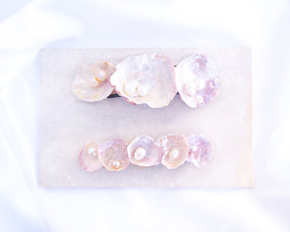 Two Jingle Shell Pearl Hair clip. pearly shell Hair Clip Barrette on stone displayed, Boho Seashell Beach Clip from Portugal, Handpicked Real Shells, Seashell Hair Decoration, Bohemian Seashell Wedding Hair Assocciares, Coastal Christmas gift, Beach Wedding Hair