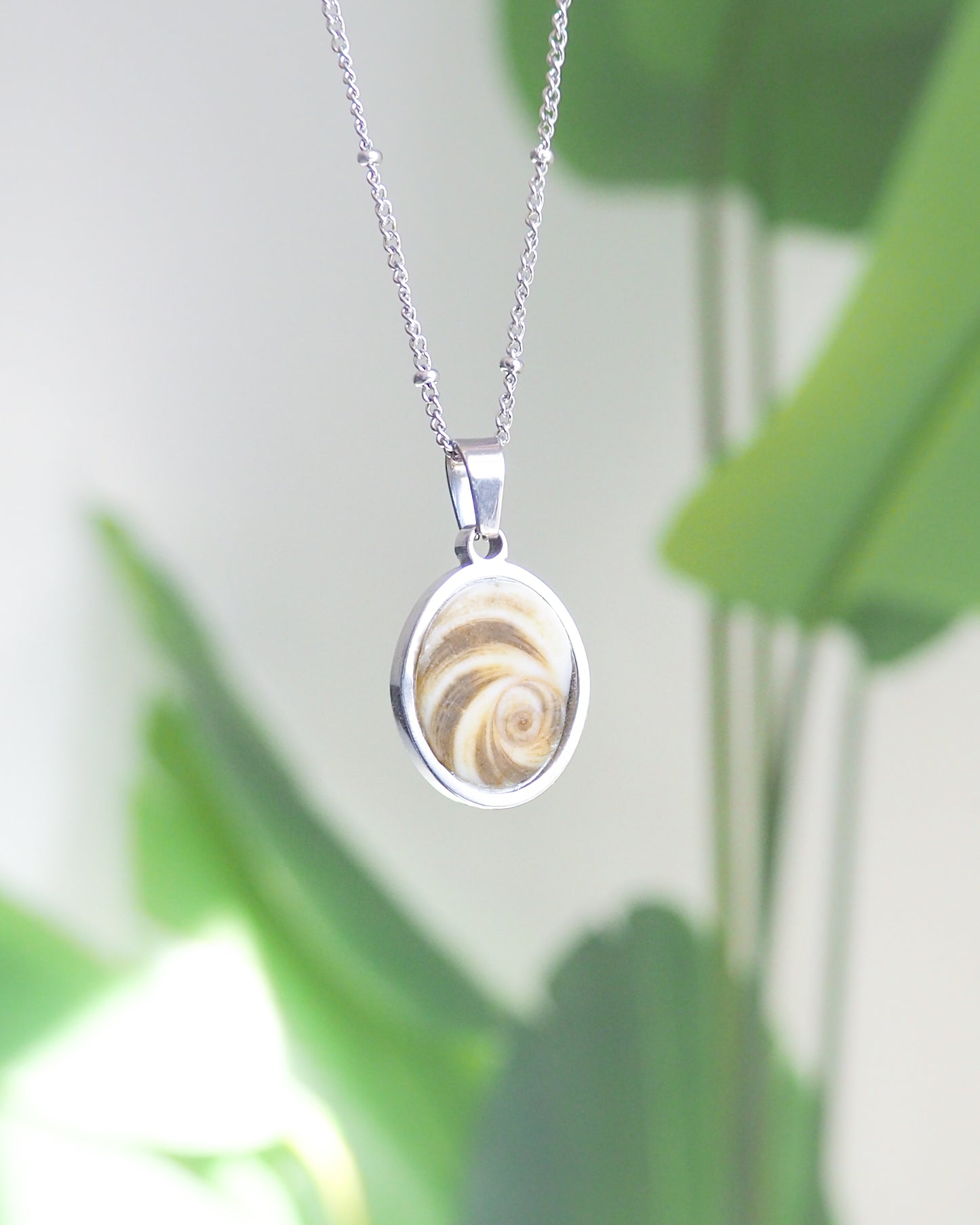 Khaki Eye of Saint Lucia Silver Necklace with green plant background, silver stainless steel shiva eye pendant necklace, Saint Lucy Eye, operculum pendant