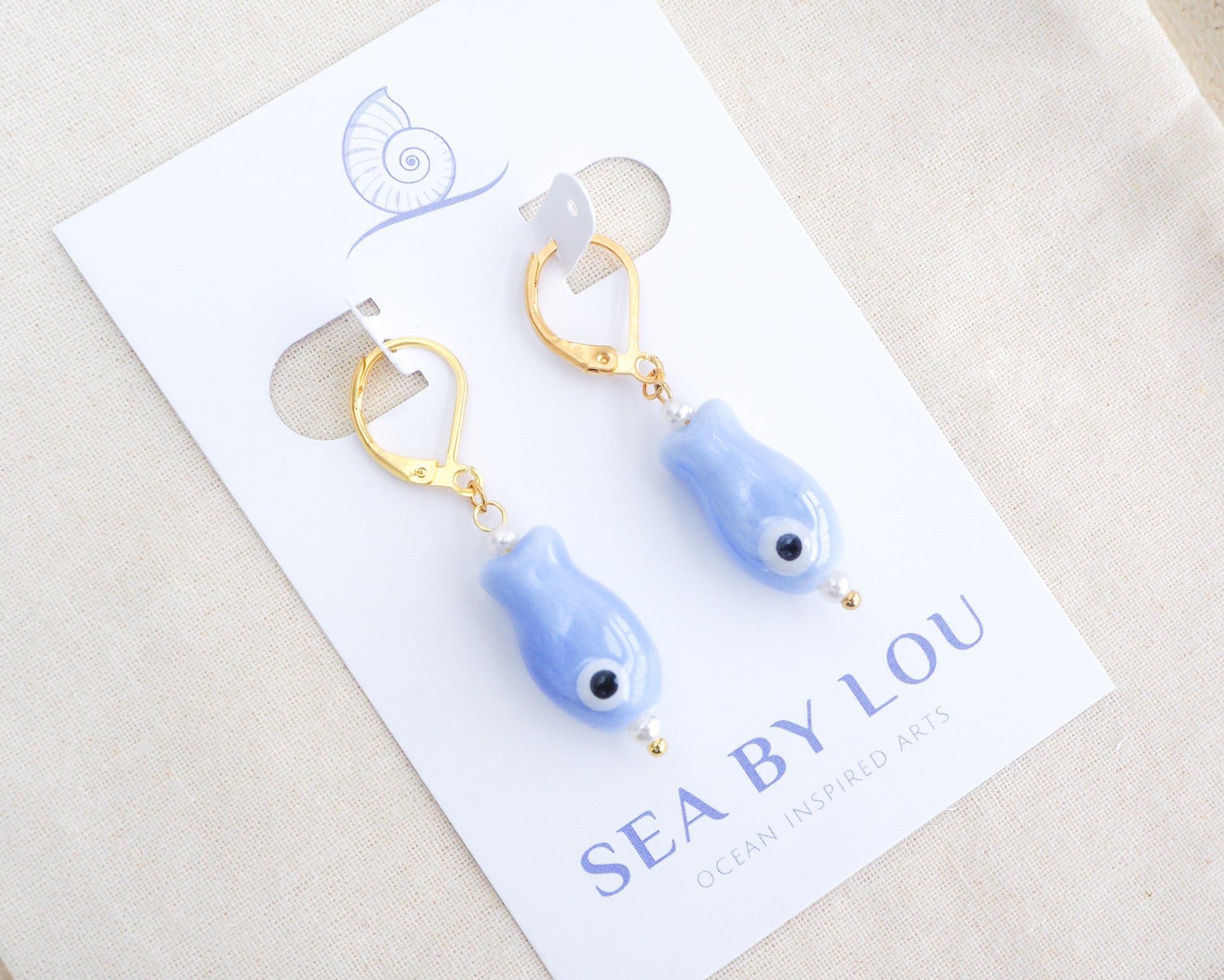 Light Blue Fish Ceramic Earrings - Blue Sardine Fish - 18k Gold Stainless Steel or Silver - Handcrafted Coastal Summer Jewelry