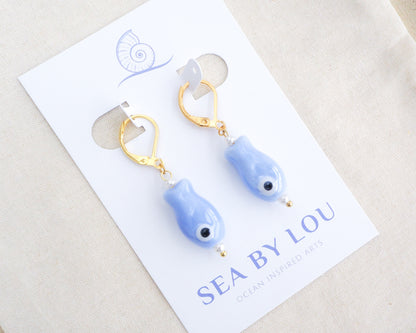 Light Blue Fish Ceramic Earrings - Blue Sardine Fish - 18k Gold Stainless Steel or Silver - Handcrafted Coastal Summer Jewelry