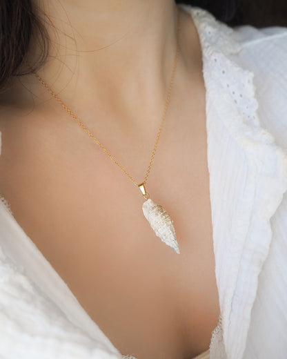 Model wearing light Horn Shell Necklace on neck. Made with 18k gold stainless steel, handpicked shell from Portugal. Model wearing white blouse. 