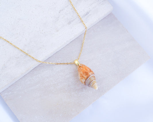Light Rustic Dove Shell Gold Necklace front side, Tiny shell from Portugal 