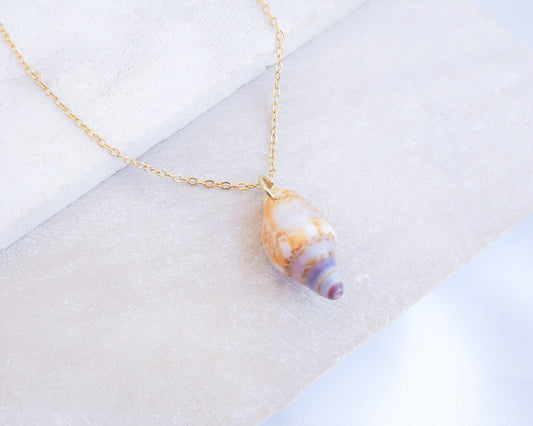 Tiny Light Rustic Dove Shell Gold Necklace displayed on stone front view, Dove Shell Necklace from Portugal, Real Shell Necklace, Sea by Lou