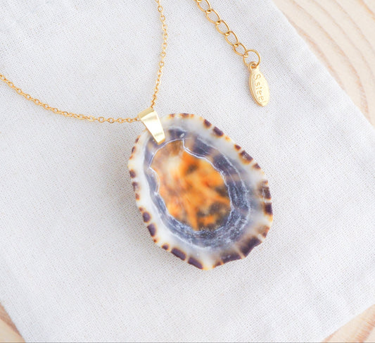 Gold Limpet Shell Necklace with orange center. Limpet Shell from Portugal, Lapa Concha 