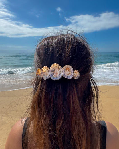 Limpet Shell Hair Clip in hair model with ocean background, Portuguese limpet shells, Mermaid hair barrette, 