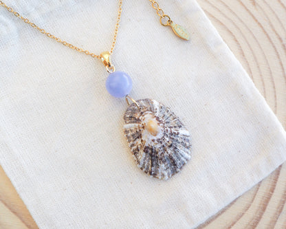 Limpet Shell Necklace with Blue Angelite Gemstone on display. Made with 18k gold stainless steel clasp and chain