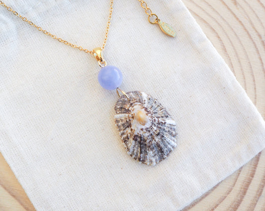 Limpet Shell Necklace with Blue Angelite Gemstone on display. Made with 18k gold stainless steel clasp and chain