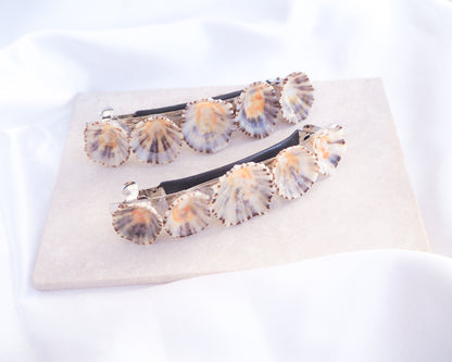 Shell-patterned hair accessories on a white pillow. Side View of Limpet Shells Hair Clip Barrette on stone displayed, Boho Seashell Beach Clip from Portugal, Handpicked Real Shells, Seashell Hair Decoration, Bohemian Seashell Wedding Hair Assocciares, Coastal Christmas gift, Beach Wedding Hair