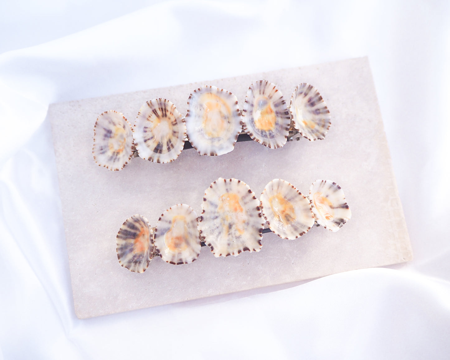 Set of shell-shaped hair clips on a white background. Limpet Shells Hair Clip Barrette on stone displayed, Boho Seashell Beach Clip from Portugal, Handpicked Real Shells, Seashell Hair Decoration, Bohemian Seashell Wedding Hair Assocciares, Coastal Christmas gift, Beach Wedding Hair