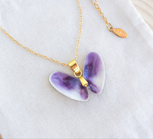 Lovely Donax Shell Necklace on display, Gold Necklace with Purple Coquina Shells from Portugal on display
