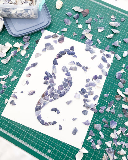Side view of making of Blue Mussel Mosaic Seahorse Artwork, Seashell Mosaic Hippocampus Coastal Wall Art, Coastal Home Decor, Handmade Seashell Art with Blue Mussel Shells from Portugal