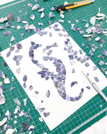 Making of Blue Mussel Mosaic Seahorse Artwork, Seashell Mosaic Hippocampus Coastal Wall Art, Coastal Home Decor, Handmade Seashell Art with Blue Mussel Shells from Portugal