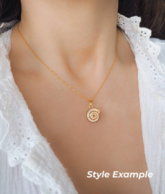 Gold Mediterranean Coastal Snail Necklace, Caracol, Sand Snail on neck model