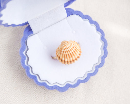 Handcrafted Mediterranean cockle shell ring from Portugal on display in seashell box, beach girl inspired jewelry, gold ring with Portuguese cockle shell, ocean inspired beach jewelry 