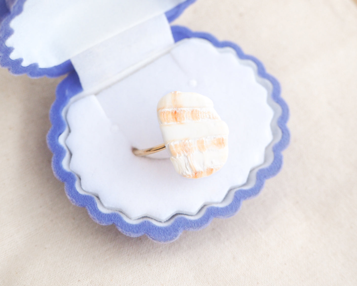 Mediterranean Cockle Shell Piece Gold Ring from Portugal in velvet jewelry box, beach surf girl jewelry, gold ring with Portuguese cockle shell, ocean inspired beach jewelry, sunny yellow orange shell from Algarve