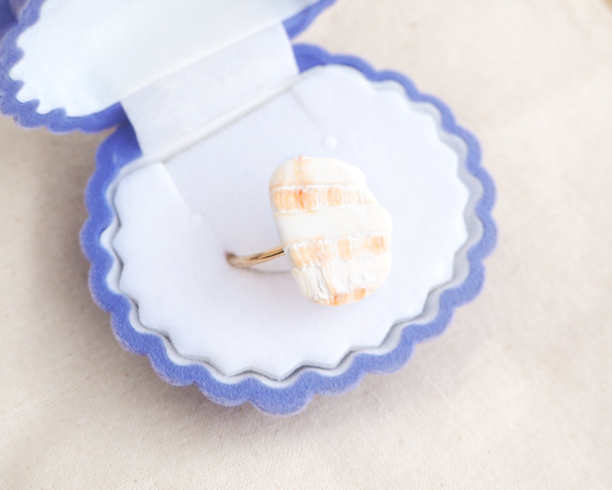 Mediterranean Cockle Shell Piece Gold Ring from Portugal in velvet jewelry box, beach surf girl jewelry, gold ring with Portuguese cockle shell, ocean inspired beach jewelry, sunny yellow orange shell from Algarve